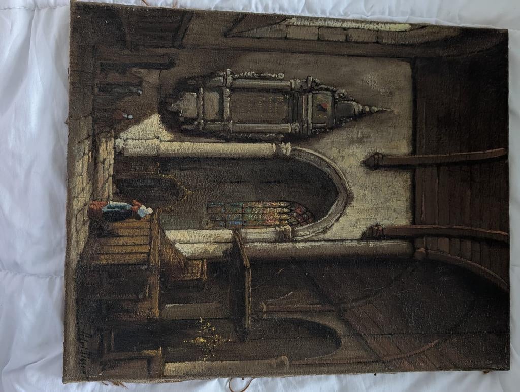Oud schilderij van kerkinterieur, mogelijk 17e eeuw, Ophalen