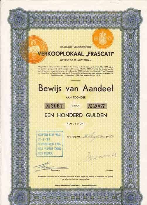 Verkooplokaal Frascati Amsterdamse tabaks veiling, Postzegels en Munten, Aandelen en Waardepapieren, Ophalen of Verzenden, 1950 tot 1970