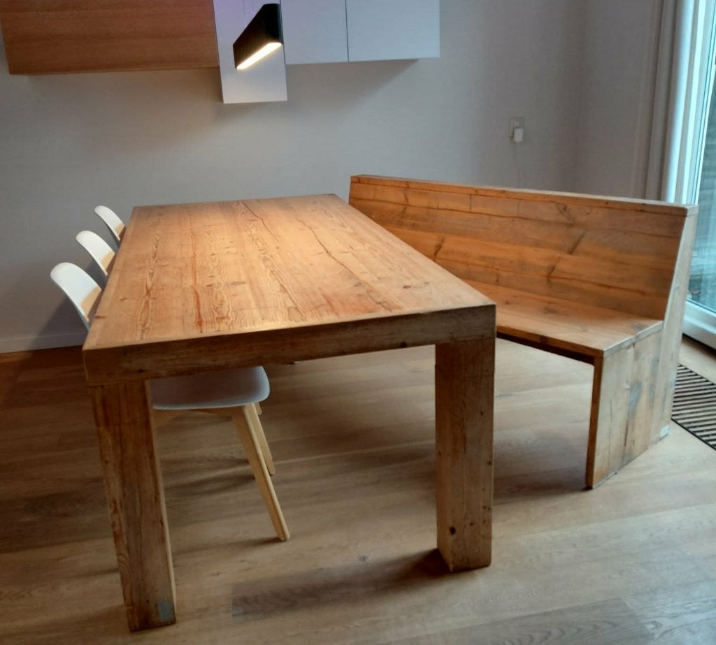 Steigerhouten tafel en bijpassende bank, Huis en Inrichting, Tafels | Eettafels, Ophalen, Gebruikt, 200 cm of meer, 50 tot 100 cm