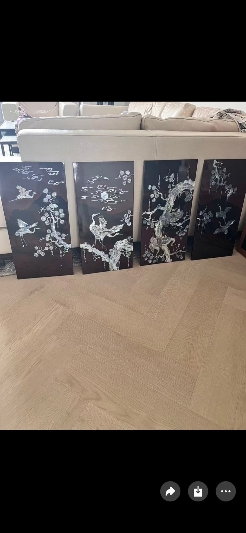 Set van 4 Aziatische panelen met kraanvogels en parelmoer, Antiek en Kunst, Overige stijlen, Dieren, Ophalen of Verzenden, Handgeschilderd