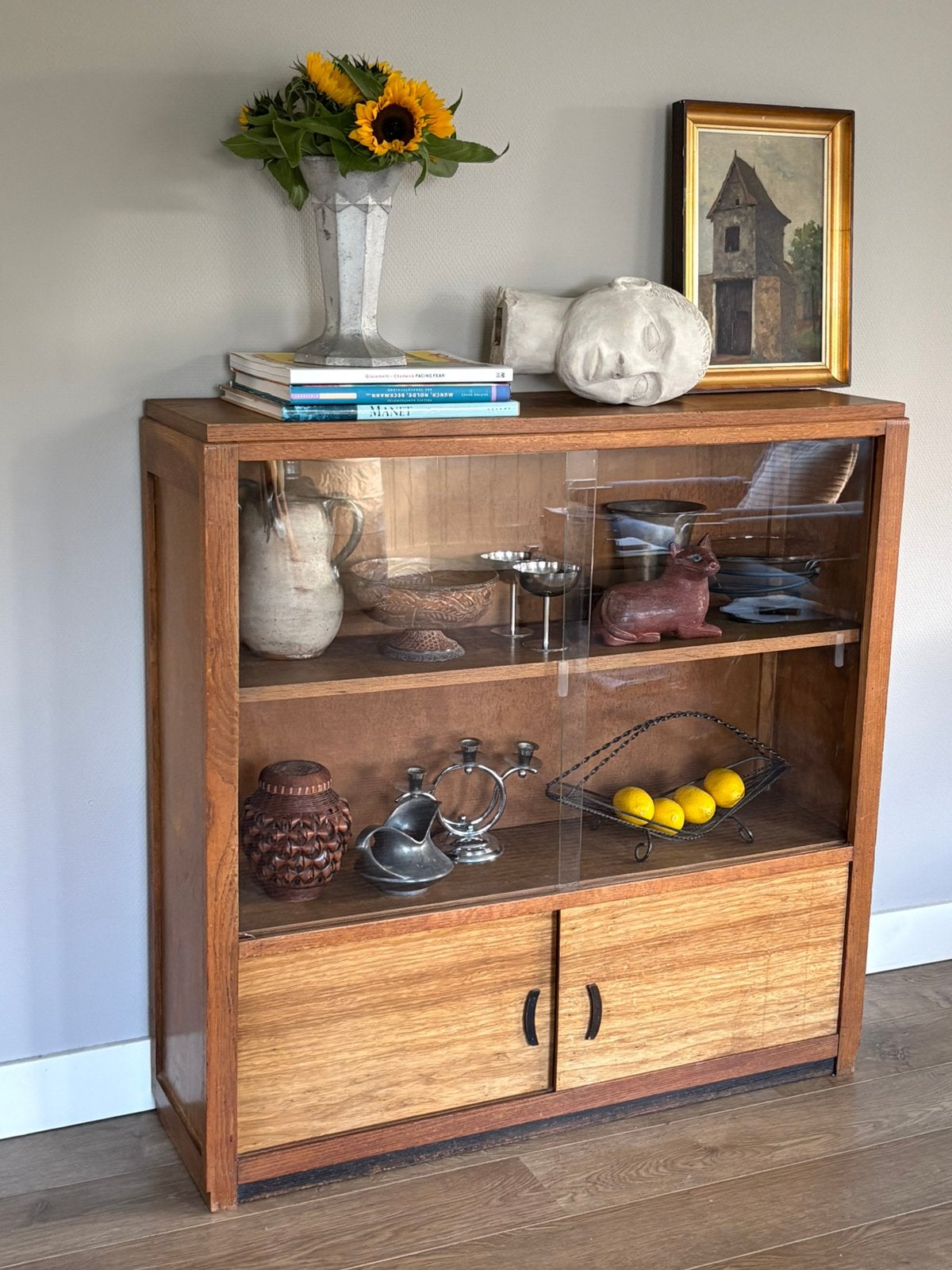 Vintage vitrinekast midcentury modern | eiken |, Ophalen, Met deur(en), Eikenhout, 100 tot 150 cm