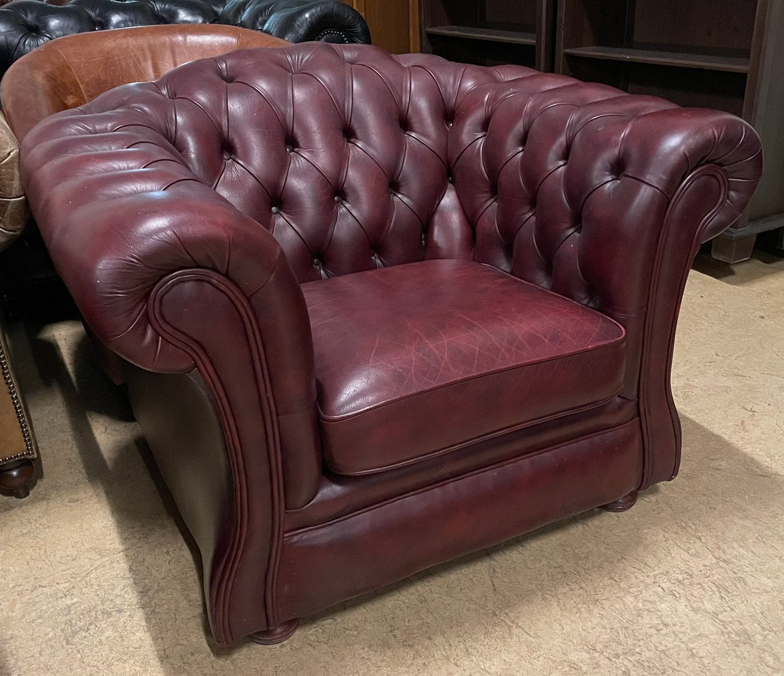 Prachtige Chesterfield Fauteuil Bordeaux Wijnrood., Gebruikt, Ophalen of Verzenden, Leer, 75 tot 100 cm
