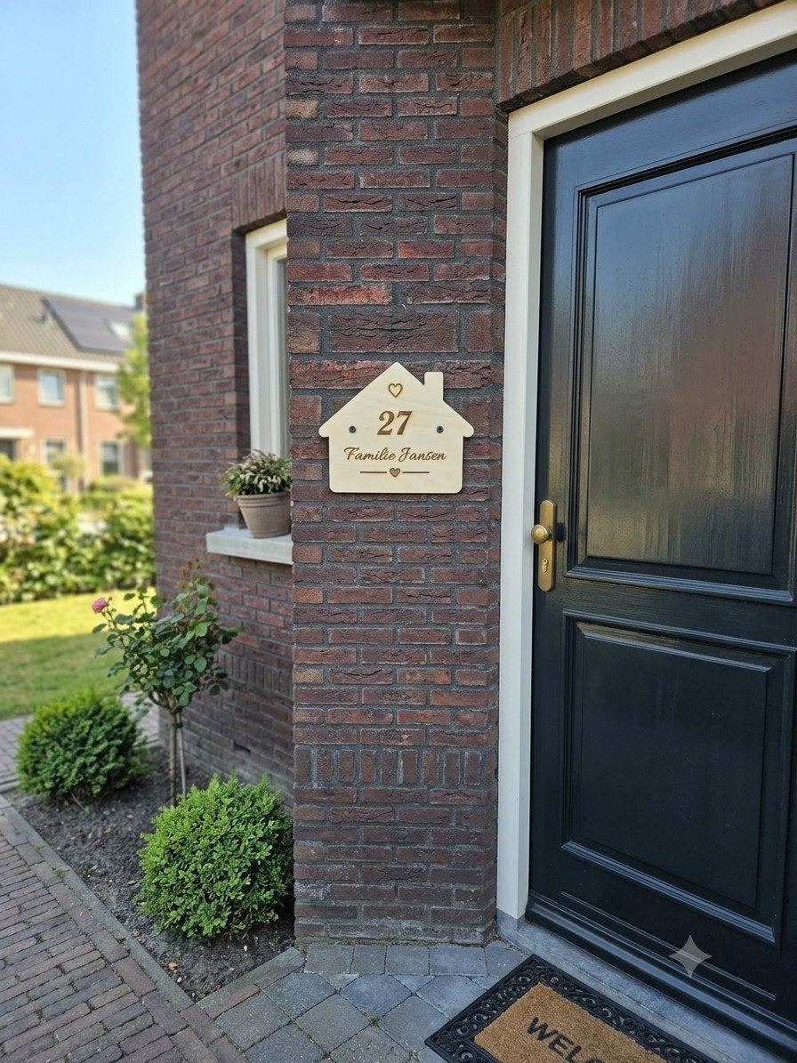 Houten familienaambord met huisnummer | Gepersonaliseerd, Hout, Meerkleurig, Overige stijlen, Nieuw