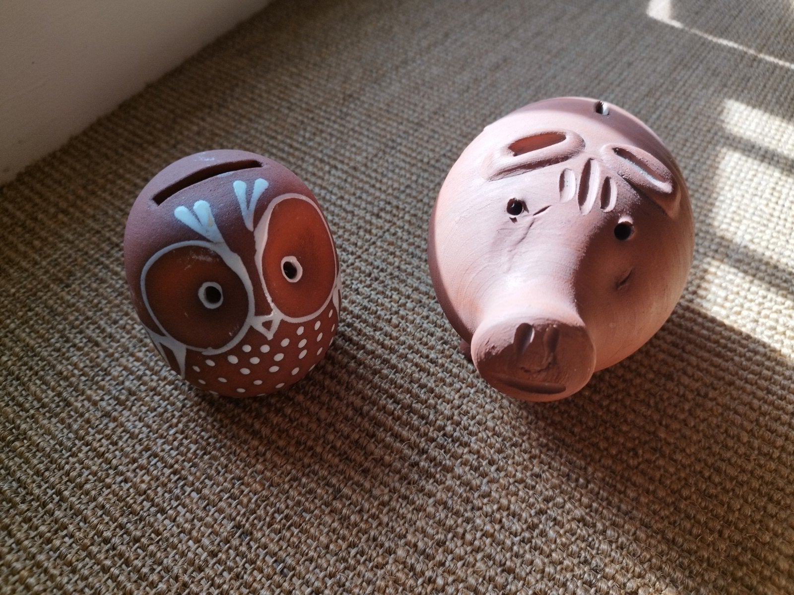 Aardewerken terracotta spaarvarken en -uil, Ophalen of Verzenden