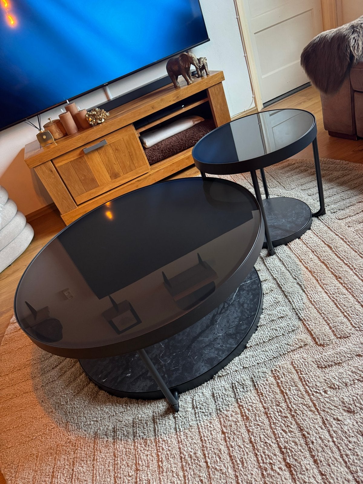 Salontafel en bijzettafel set - Zwart glas en metaal, Huis en Inrichting, Ophalen, Rond, 50 tot 100 cm, Glas