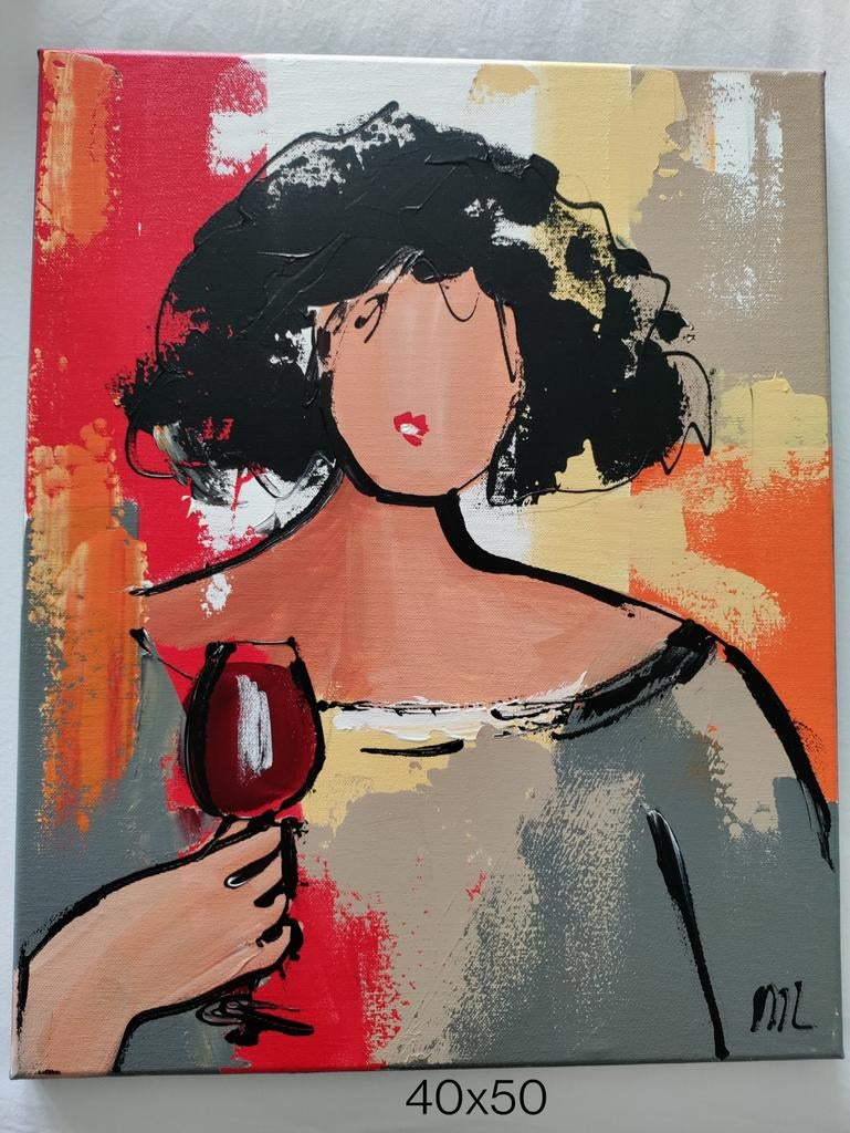 Modern schilderij 'vrouw met glas wijn' - C. Leushuis, Antiek en Kunst, Ophalen of Verzenden