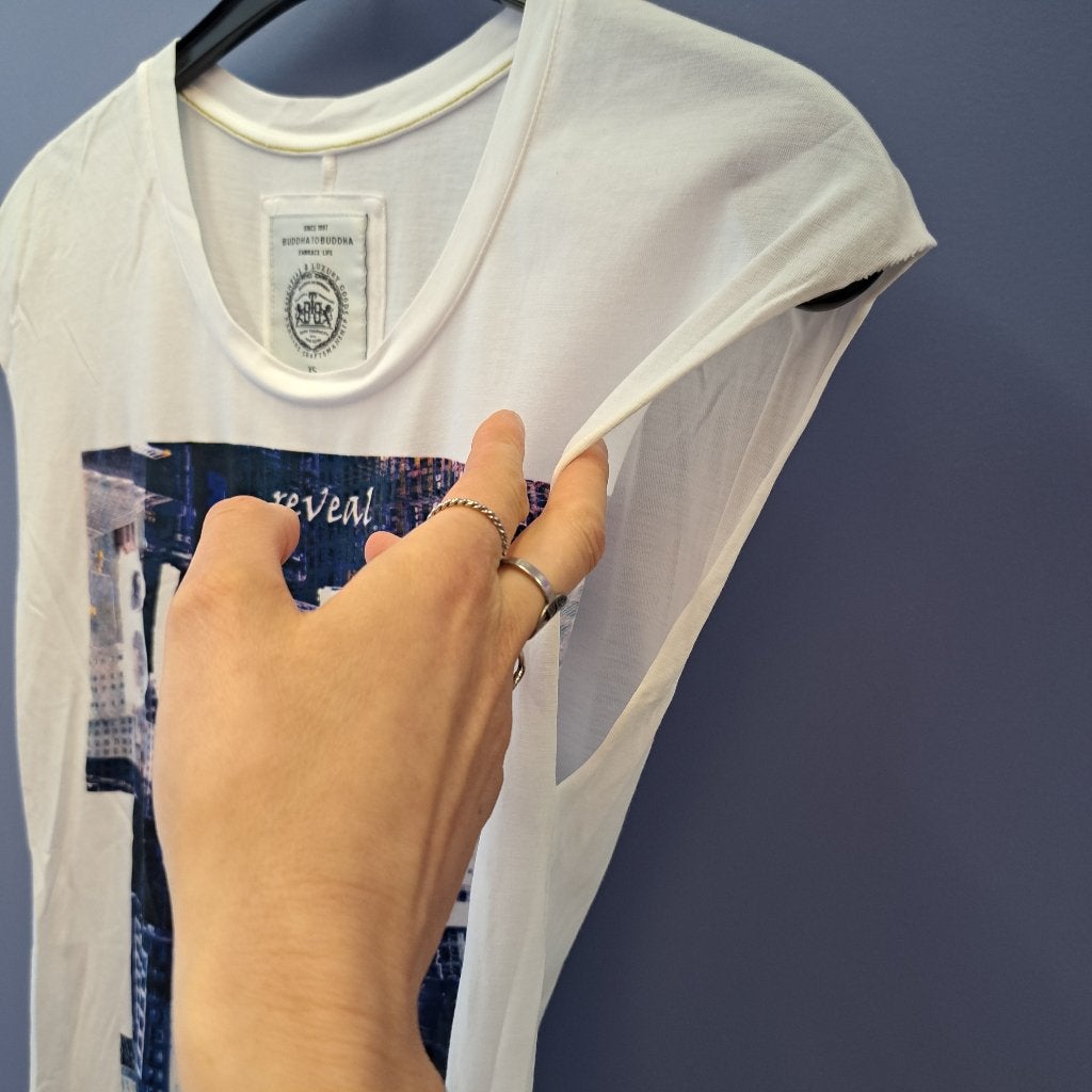 Buddha to Buddha lange witte top met blauwe print XS 49479, Buddha to Buddha, ., Wit, Buddha to Buddha