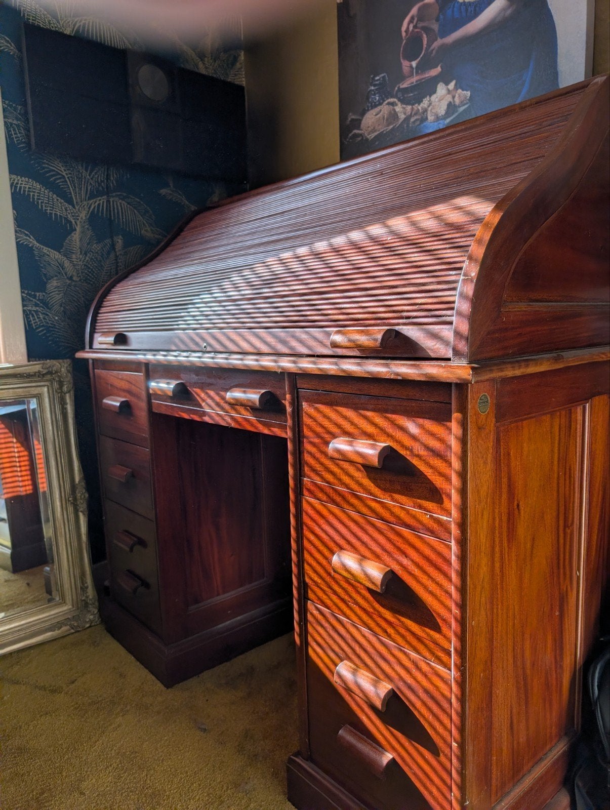 Massief houten rolluikbureau met lades, Ophalen, Gebruikt, Hout, Bruin