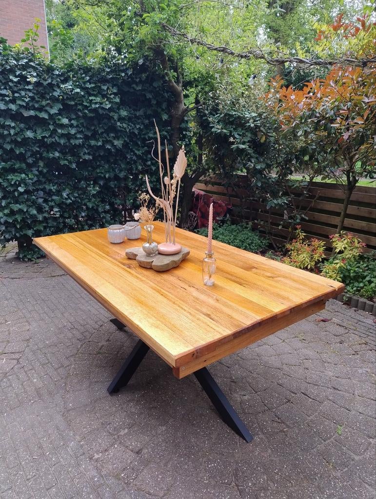 Mahoniehouten Tuintafel met Stalen Matrixpoot - 170x100cm, Ophalen, Gebruikt, Rechthoekig, Hout
