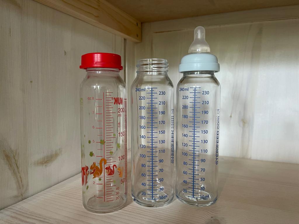 Glazen kolf- en bewaarflessen voor babymelk en drinkfles, Ophalen, Gebruikt