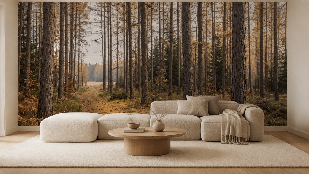 Bos behang – warm herfstpad tussen hoge bomen