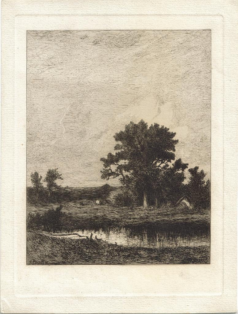R.H. ets "Landschap met Hutje aan Sloot", Ophalen, Landschap, Ets, Origineel