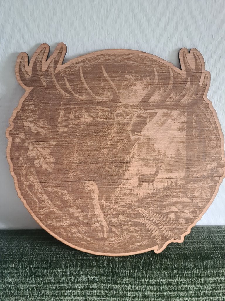Wanddecoratie Gegraveerd houten hert - 30x30cm - handgemaakt, Hout, 3D-effect, Ophalen of Verzenden, Dieren