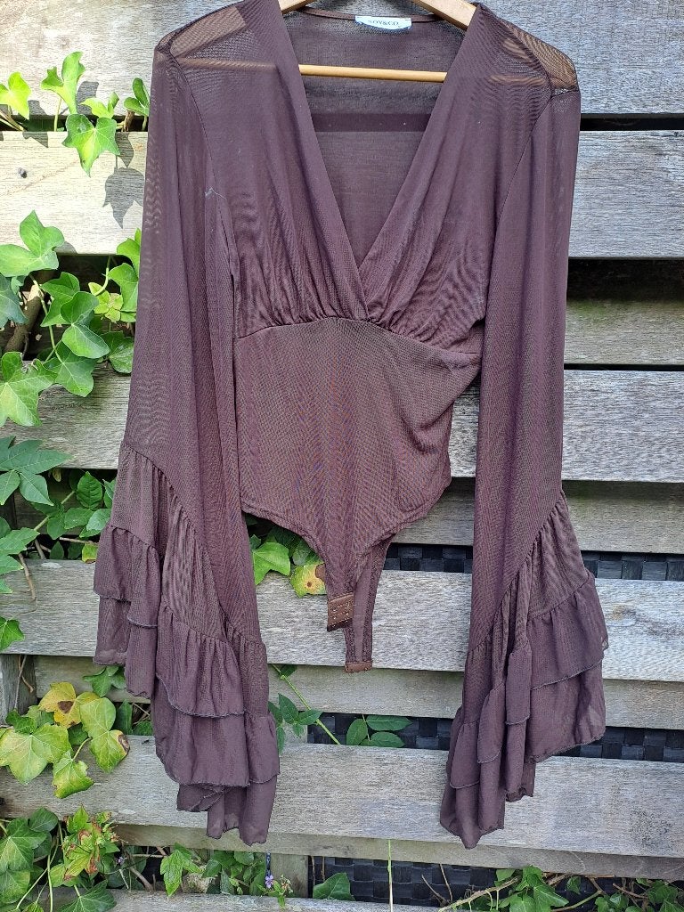 Bruine boho bodystocking met wijde lange roezelmouwen M/L, Soy & Co, Bruin, Maat 42/44 (L), Ophalen of Verzenden