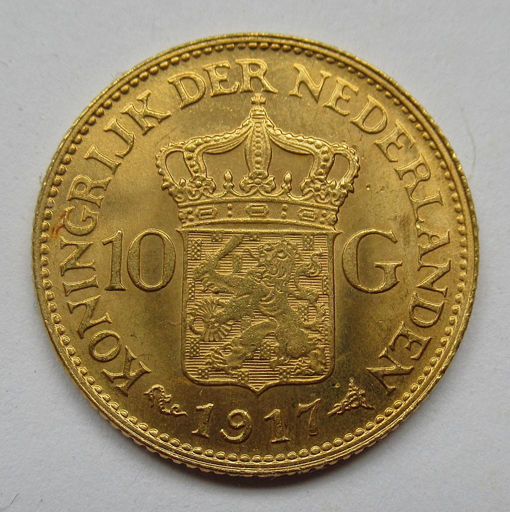 Nederland 10 gulden 1917 wilhelmina, Verzenden, Koningin Wilhelmina, 10 gulden, Goud