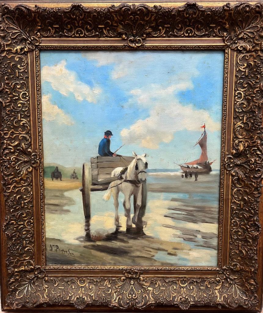 Schilderij met paard en wagen op het strand, Ophalen of Verzenden