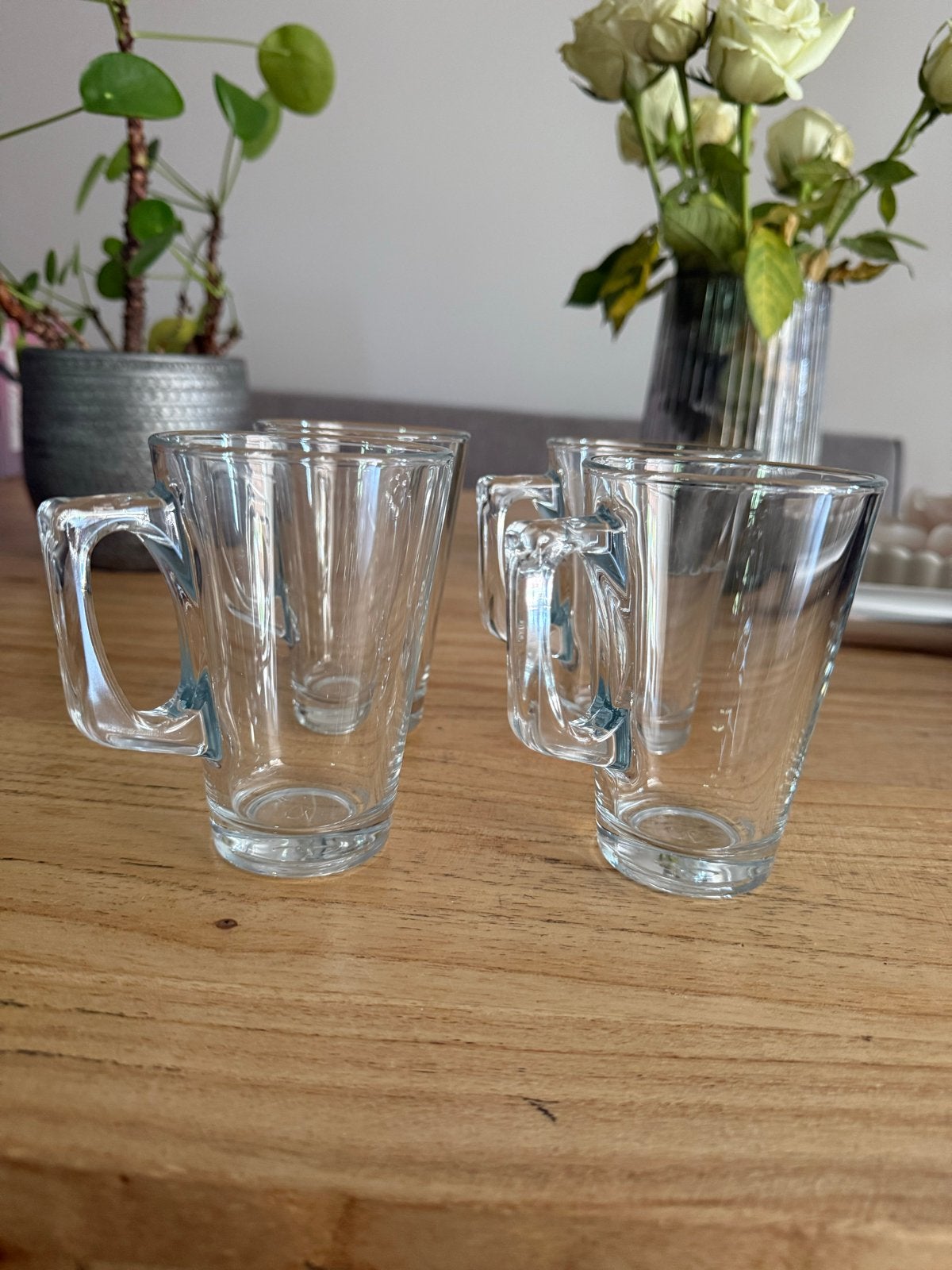 Set van 4 glazen mokken met oor, Ophalen of Verzenden, Zo goed als nieuw, Overige merken, Glas
