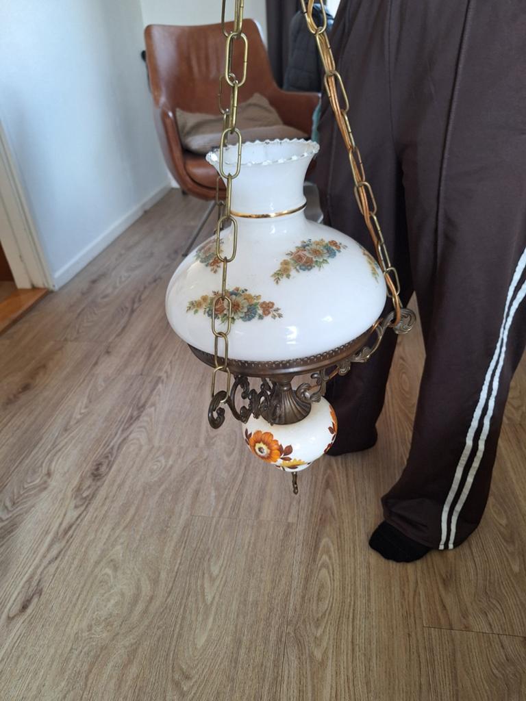 Vintage Hanglamp met Bloemenmotief, Gebruikt, Vintage, Klassiek, Bloemen, Ophalen of Verzenden, Glas