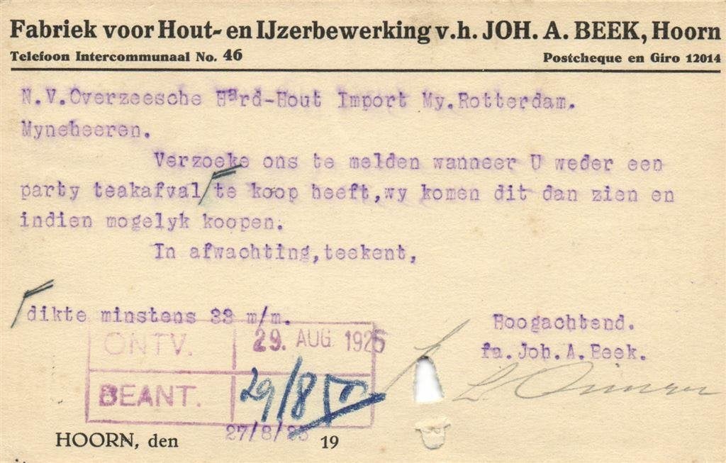 v.h. Joh. A. Beek, Hoorn - 08.1925 - briefkaart, Ophalen of Verzenden, Briefkaart