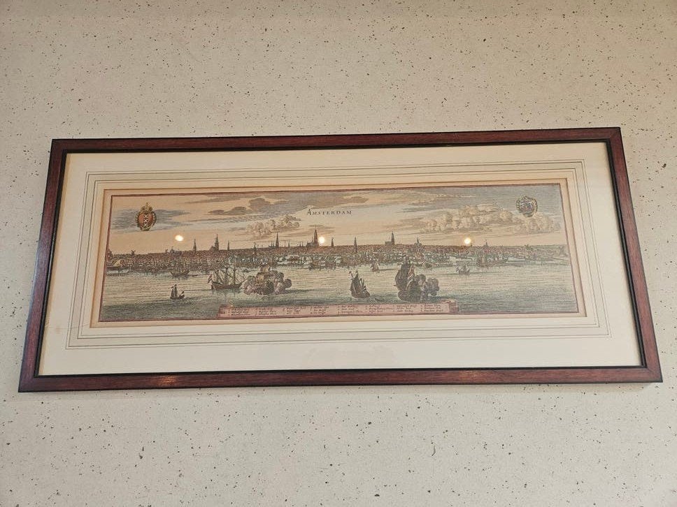 Antieke prent Amsterdam, Ingelijst, kleine beschadiging, Antiek en Kunst, Ophalen of Verzenden, Stadsgezicht, Ingelijst