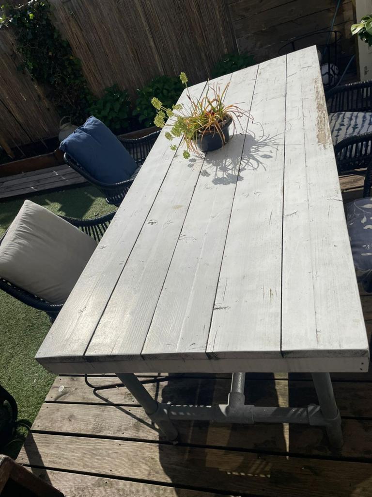 Steigerhouten tuintafel set inclusief 4 stoelen, Ophalen, Gebruikt, Rechthoekig, Hout