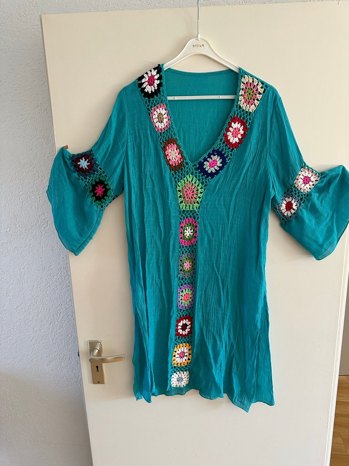 Turquoise tuniek afgezet met haakwerk, Blauw, Maat 42/44 (L), Ophalen of Verzenden, Zo goed als nieuw