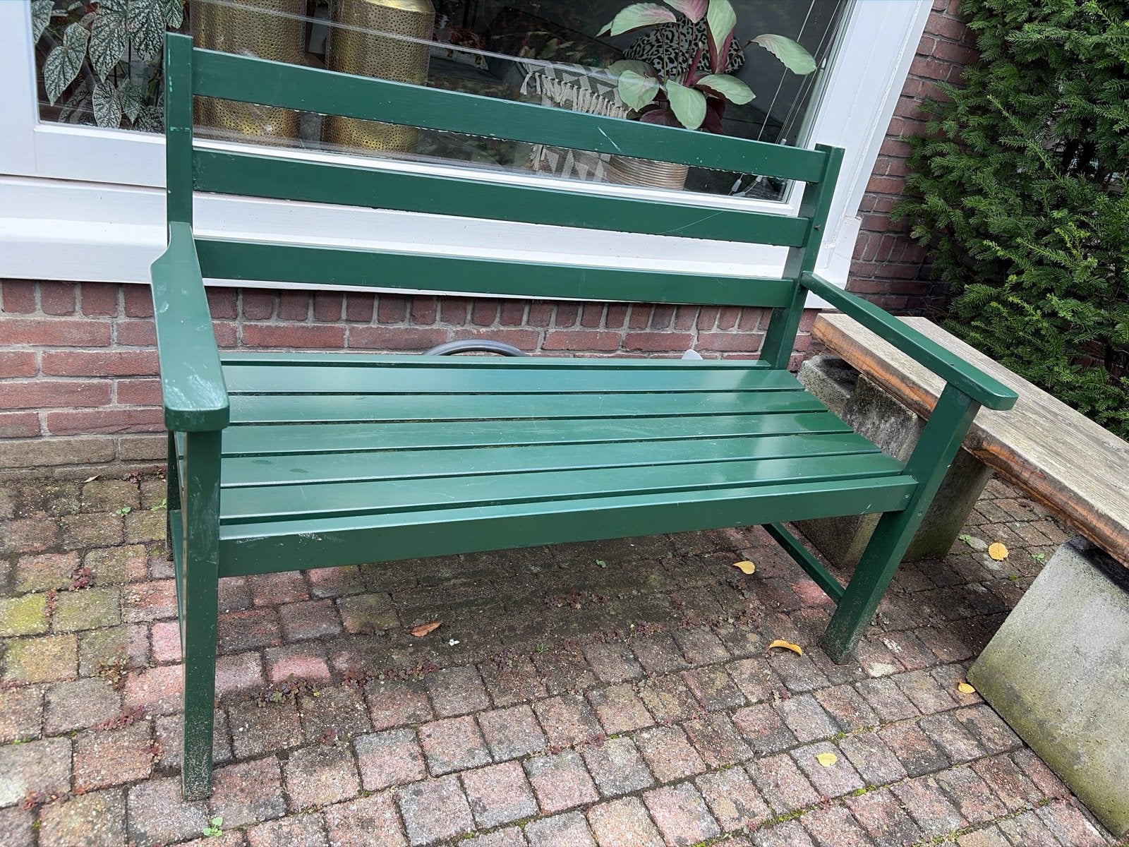 Groene houten tuinbank, houten tuinbankje, Tuin en Terras, Ophalen, Gebruikt, Hout