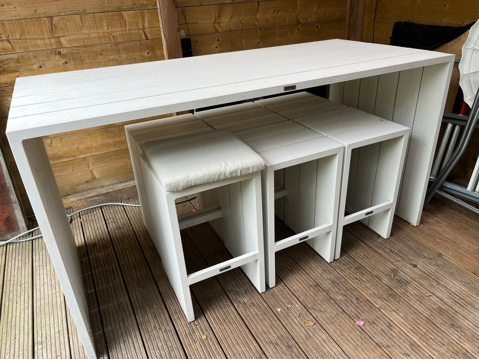 Prachtige Bizzotto designer bartafel met 6 krukken, Ophalen, Gebruikt, 6 zitplaatsen, Rvs