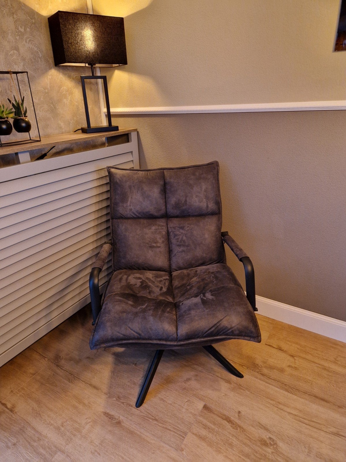 Draaibare Fauteuil - Antraciet Suede, Ophalen, Zo goed als nieuw, Metaal