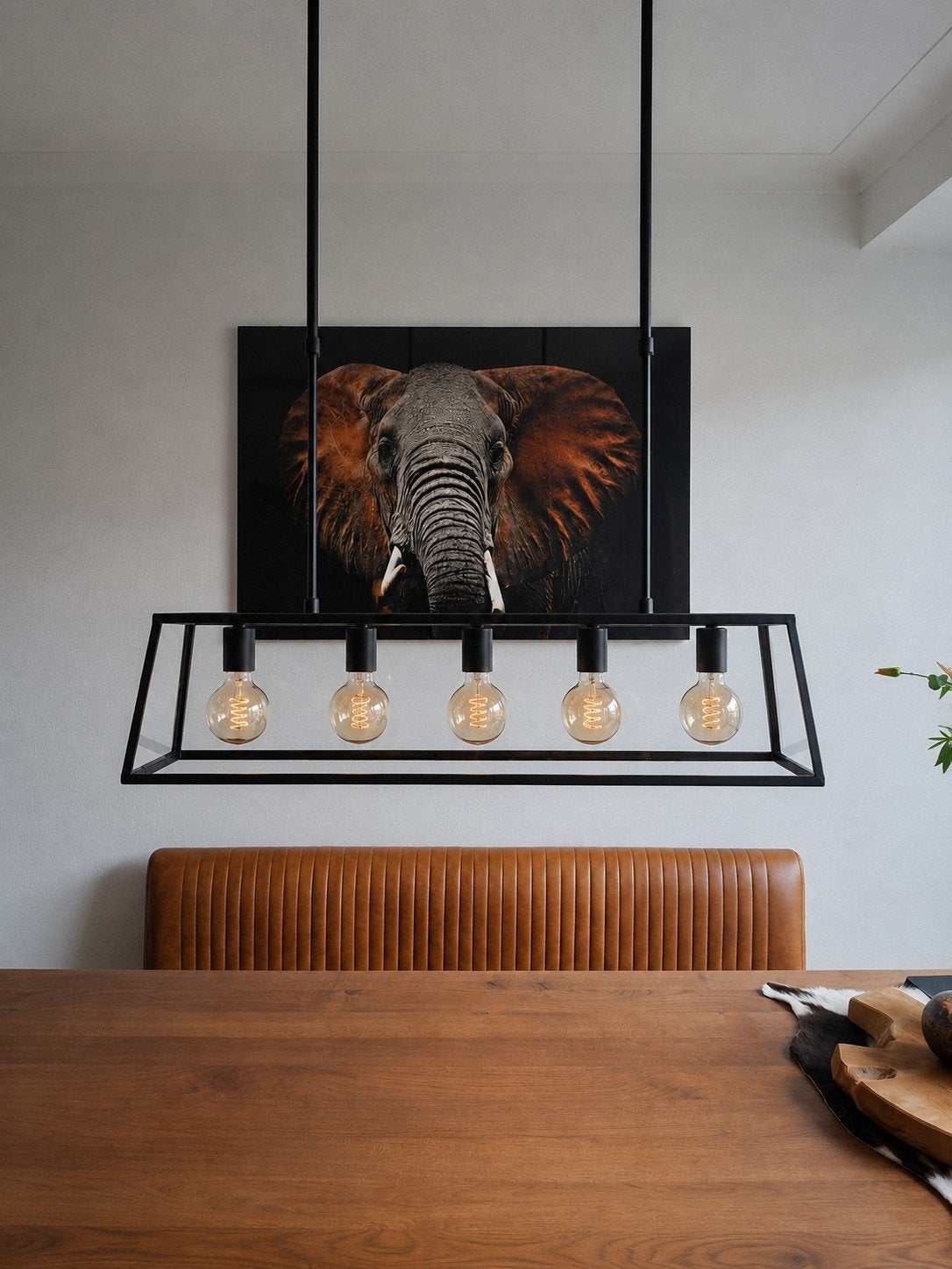 Zwarte metalen hanglamp met 4 glazen kappen, Ophalen, Modern, Industrieel, E27 (groot), Zo goed als nieuw