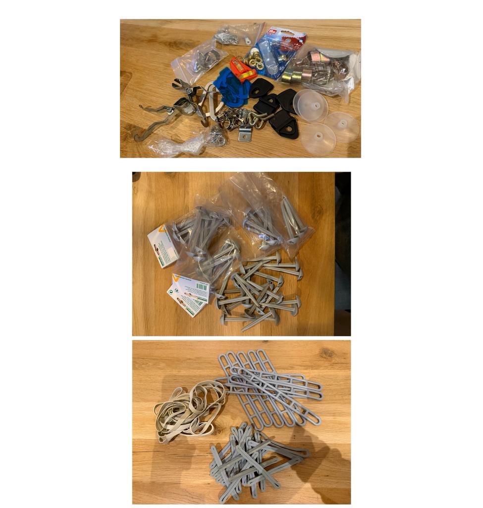 Diverse kampeeraccessoires: haringen, elastieken, klemmen, Caravans en Kamperen, Kampeeraccessoires, Zo goed als nieuw, Ophalen of Verzenden