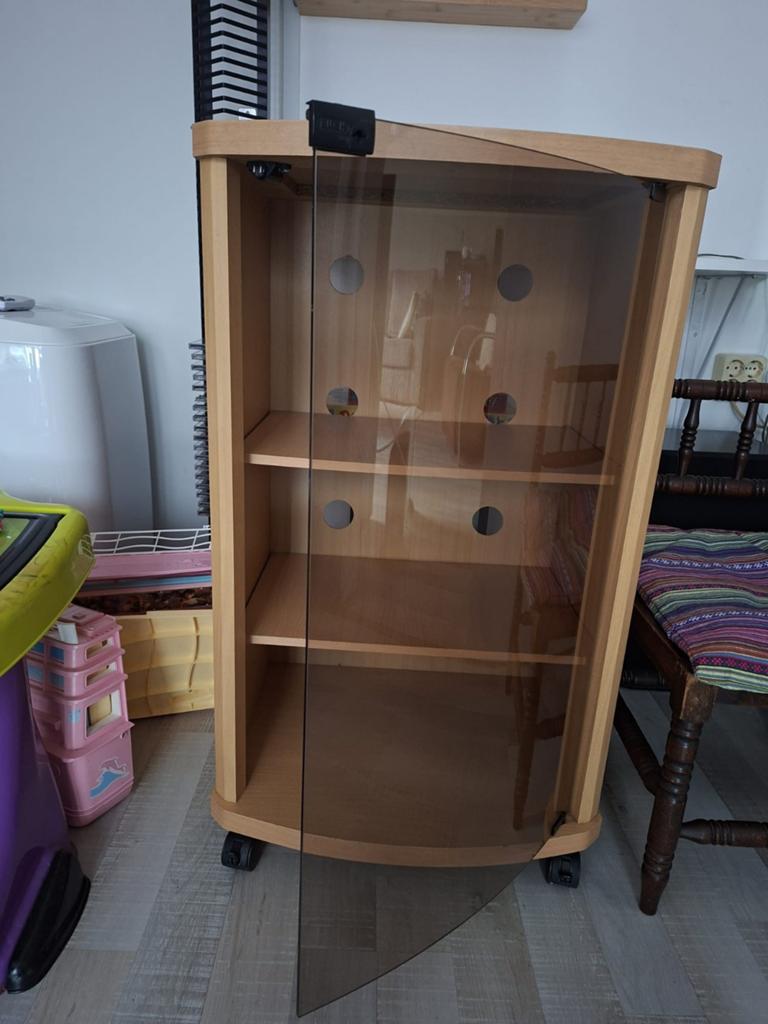 Vintage Audio Meubel met Glazen Deur en Wieltjes, Huis en Inrichting, Kasten | Televisiemeubels, Ophalen, Gebruikt, Glas, 50 tot 100 cm