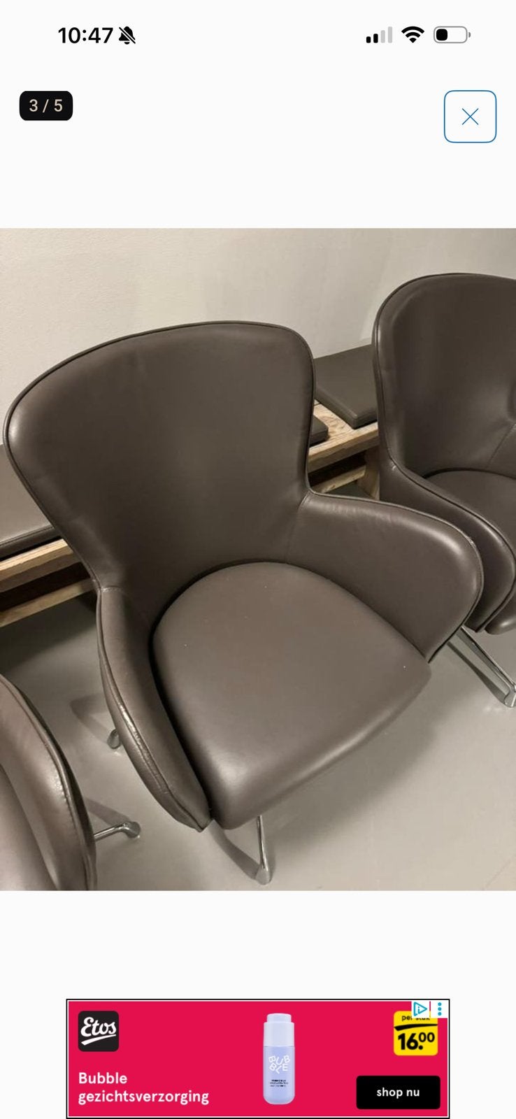 3 grijzen leren stoelen Hulshoff Design, Ophalen, Gebruikt
