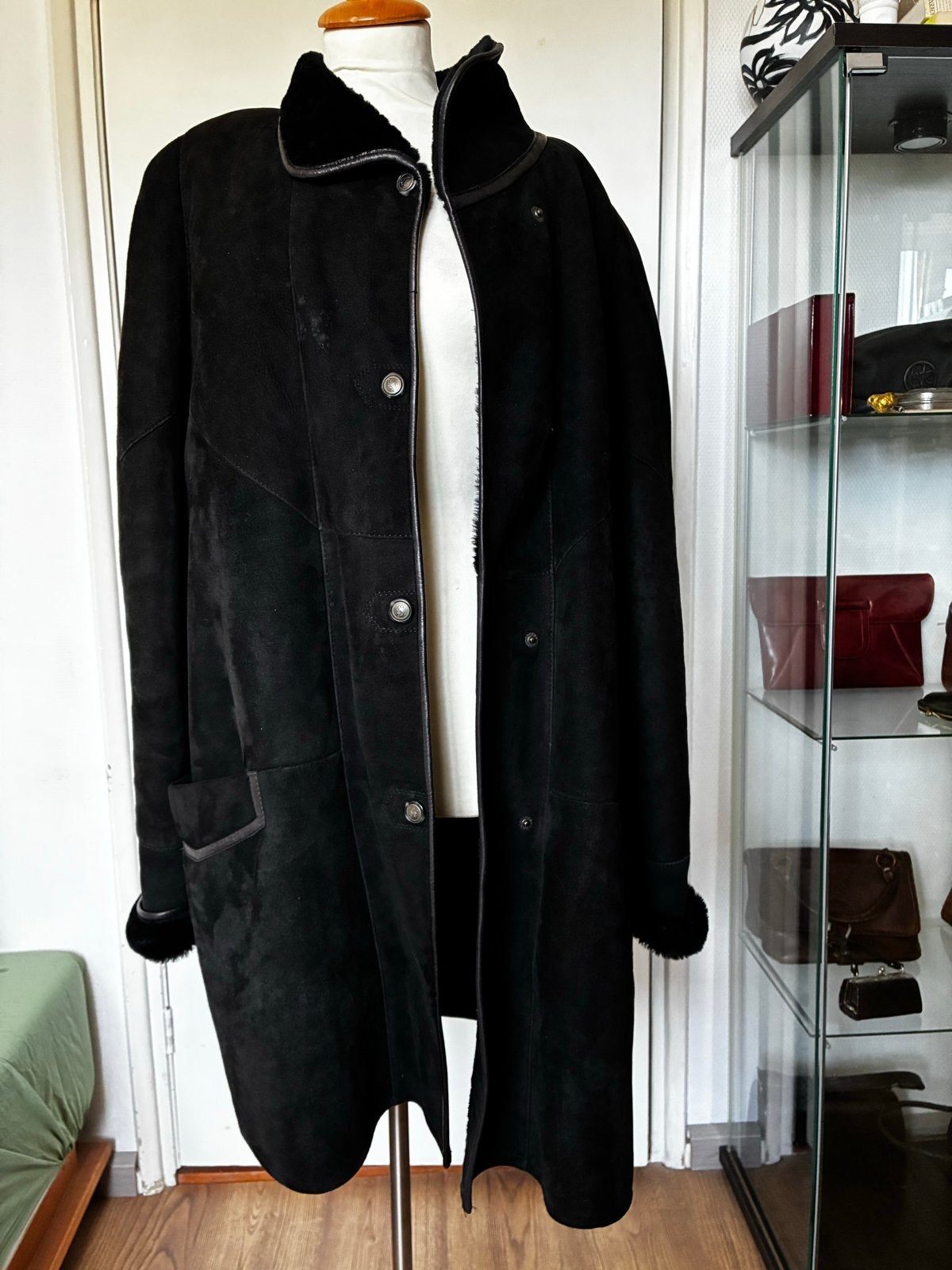Lange zwarte shearling  vintage met bontvoering mt 46/48, Ophalen of Verzenden, Gedragen, Maat 46/48 (XL) of groter, Zwart