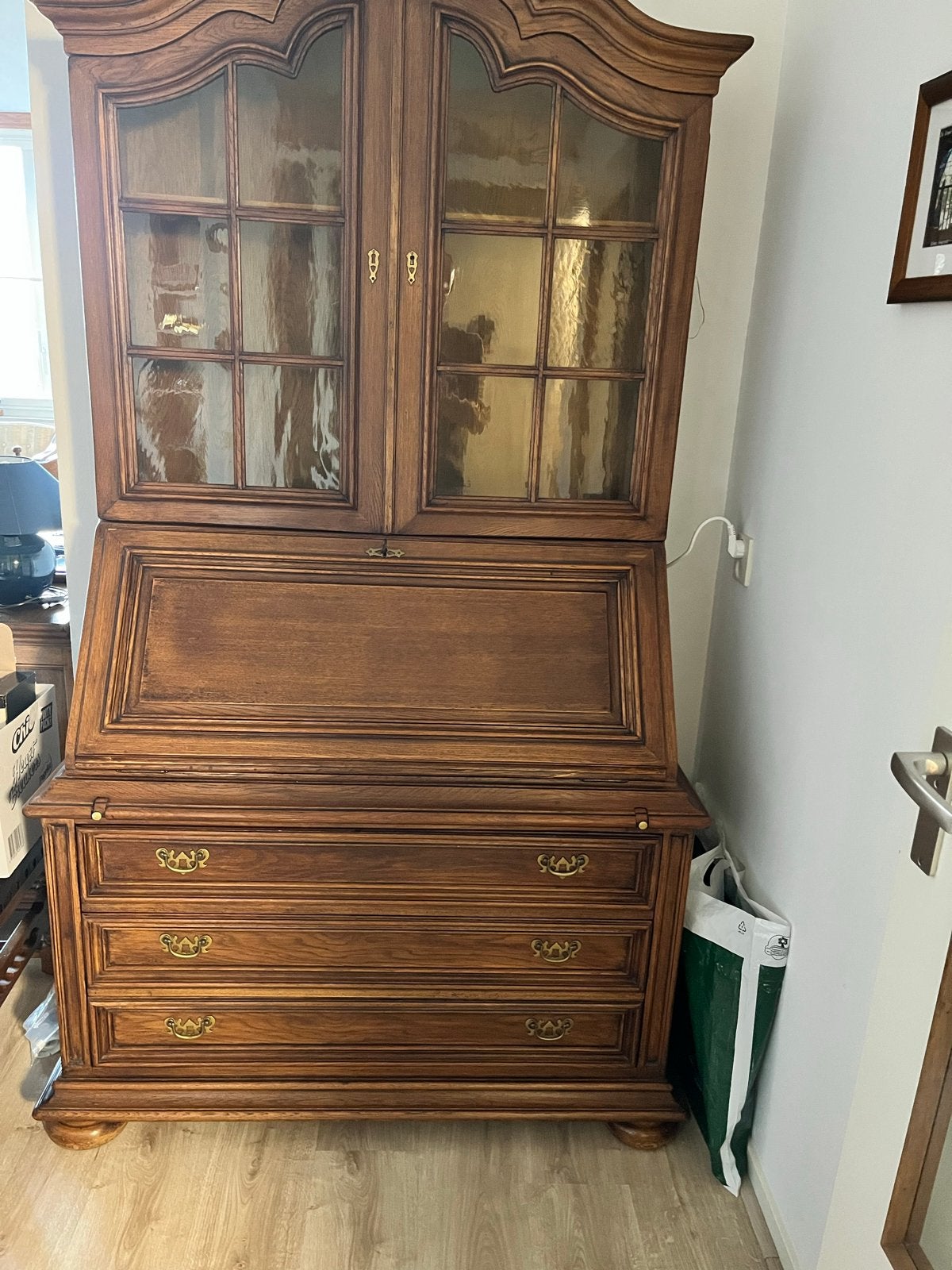Antiek Eiken Secretaire Boekenkast met Vitrine, Ophalen
