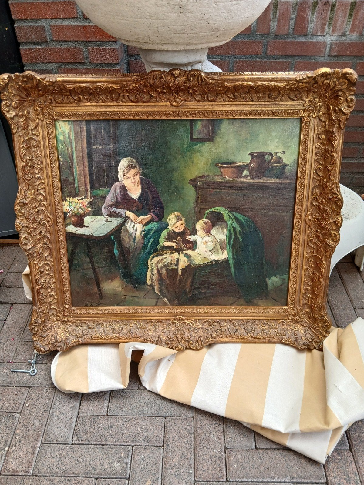 Oud schilderij met moeder en kinderen in sierlijke lijst, Antiek en Kunst, Kunst | Schilderijen | Klassiek, Ophalen of Verzenden