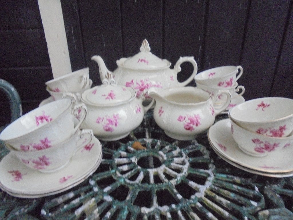 MOSA Theeservies met groot rood bloemboeket met oa roze roos, Antiek en Kunst, Ophalen of Verzenden
