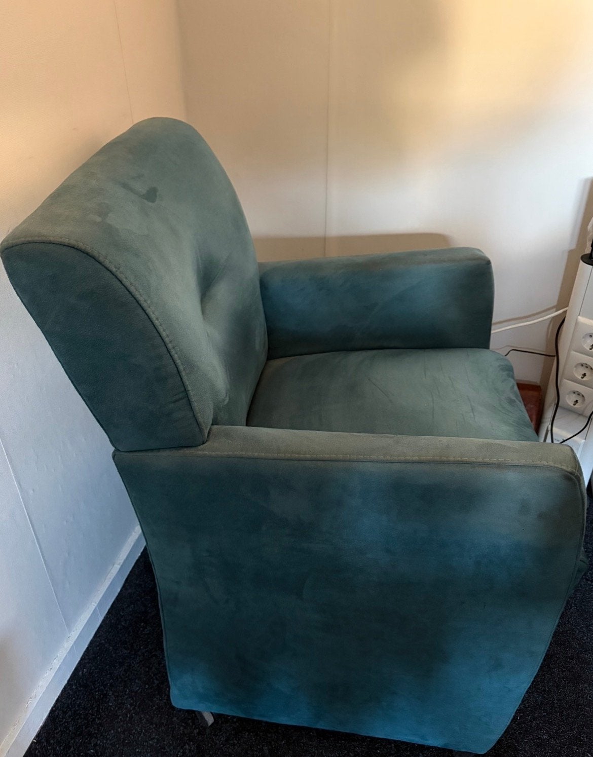2x comfortabele fauteuil in blauwgroene stof, Ophalen, Gebruikt, 75 tot 100 cm, Stof