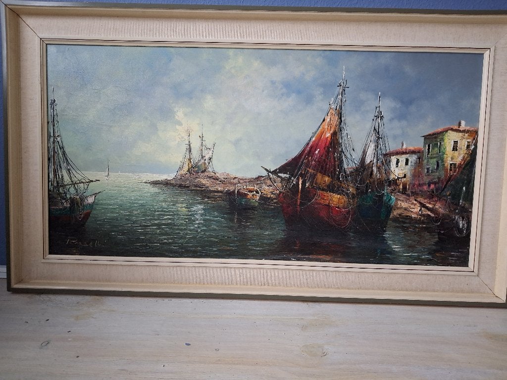 Olieverfschilderij havengezicht met zeilboten, Ophalen, Gebruikt, Zeilboot, Overige typen