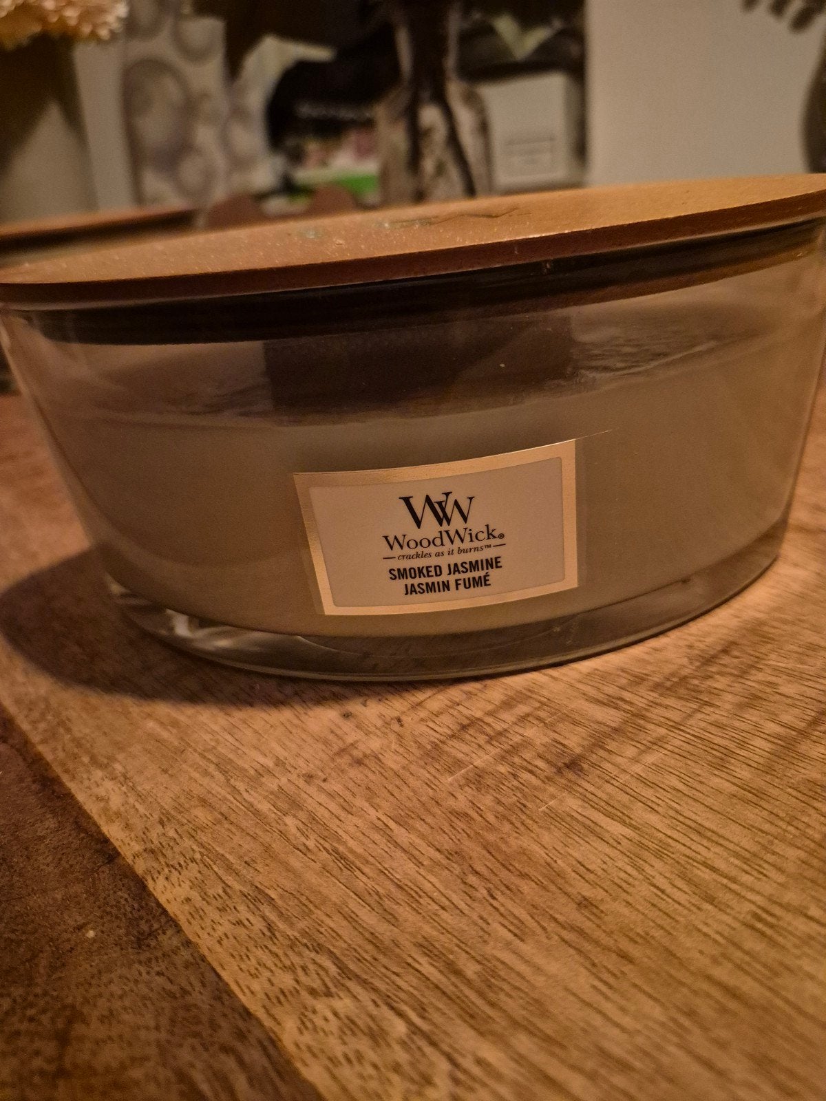 Woodwick Smoked Jasmine Hearthwick Flame Kaars, Woodwick, Ophalen of Verzenden, Crème, Kaars