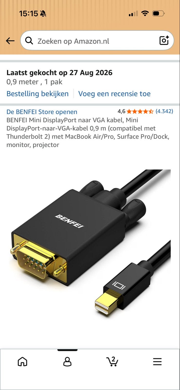 Mini DisplayPort naar VGA Kabel - BENFEI 0,9m, Ophalen of Verzenden, Nieuw, Minder dan 2 meter, Overige kabels