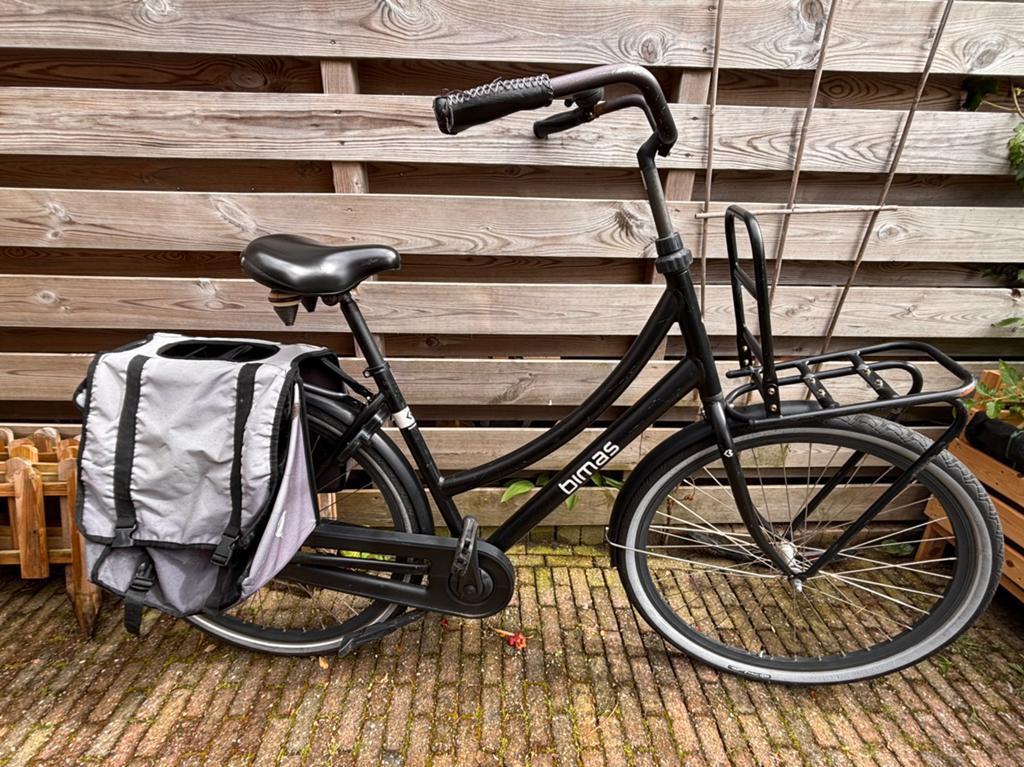 Bimas transportfiets met fietstassen, Terugtraprem, Gebruikt, Versnellingen, 50 tot 53 cm
