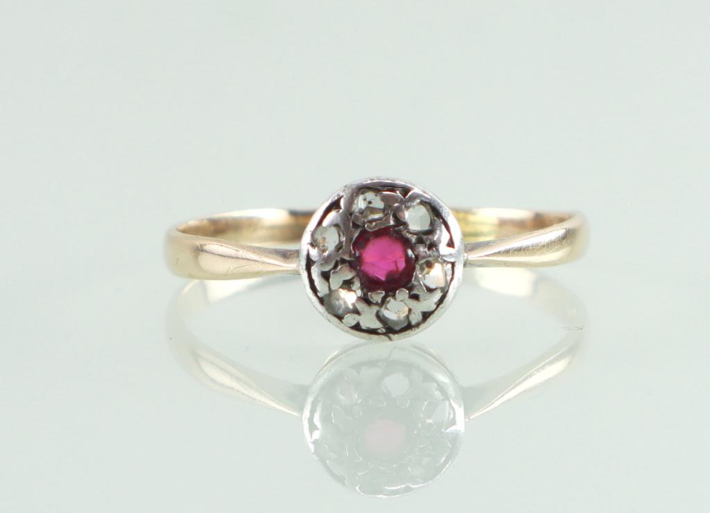 Antieke gouden ring roosdiamant en granaat, Ophalen of Verzenden, Goud, Ring, Met edelsteen