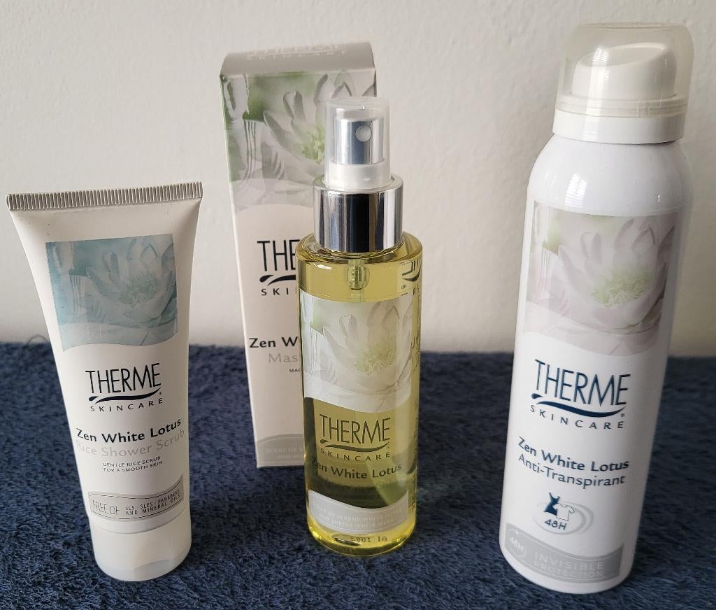 Therme Zen White Lotus massage olie, deodorant, scrub NIEUW, Verzenden, Nieuw, Bad & Douche
