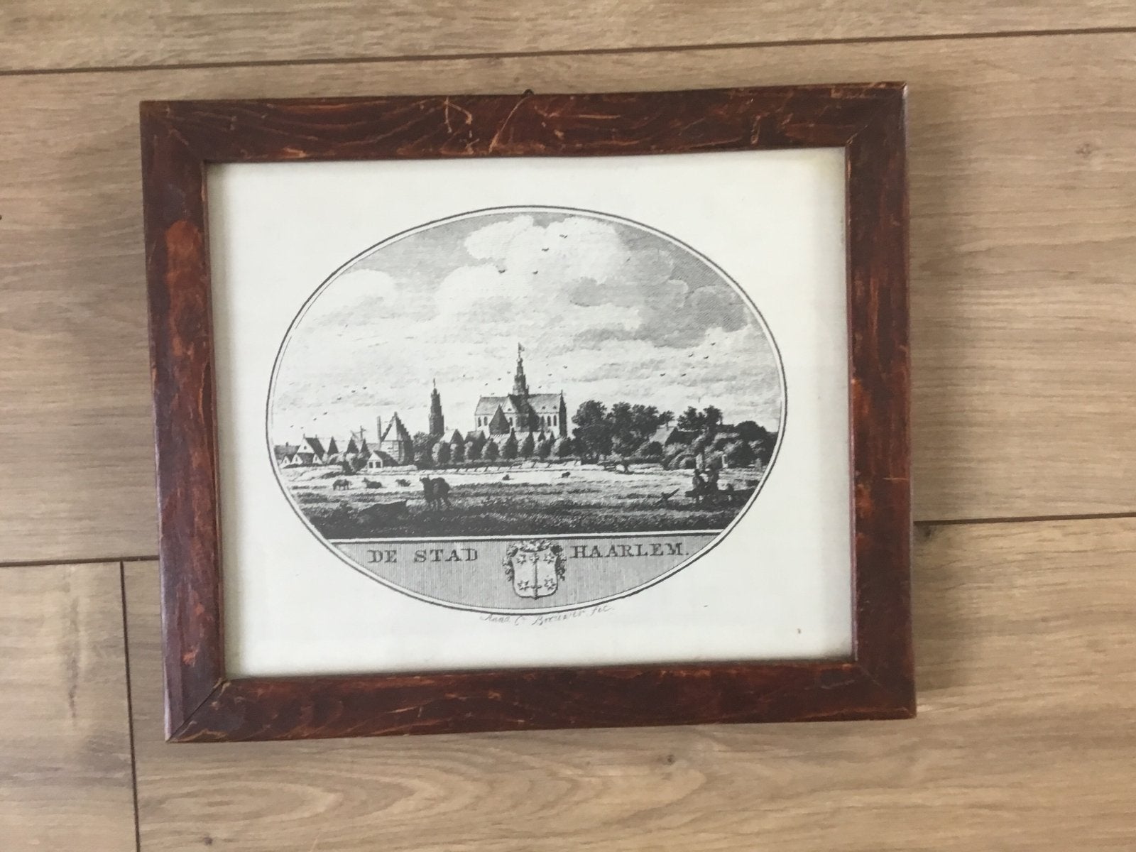 Antieke Ets 'De Stad Haarlem' - Stadsgezicht, Ingelijst, 1800 - 1899, Ets, Stadsgezicht