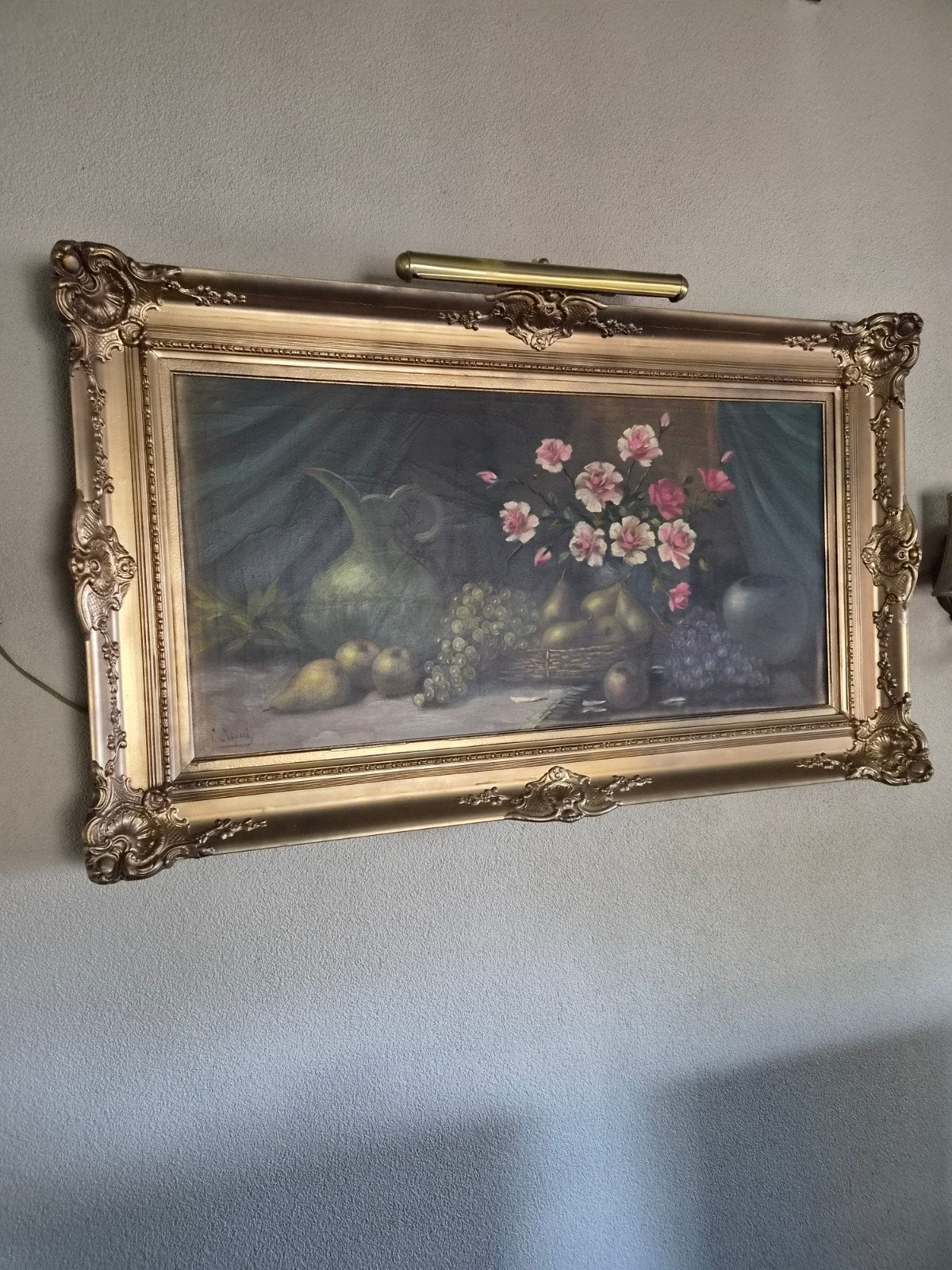 Klassiek stilleven met bloemen en fruit, gesigneerd, Antiek en Kunst, Ophalen of Verzenden