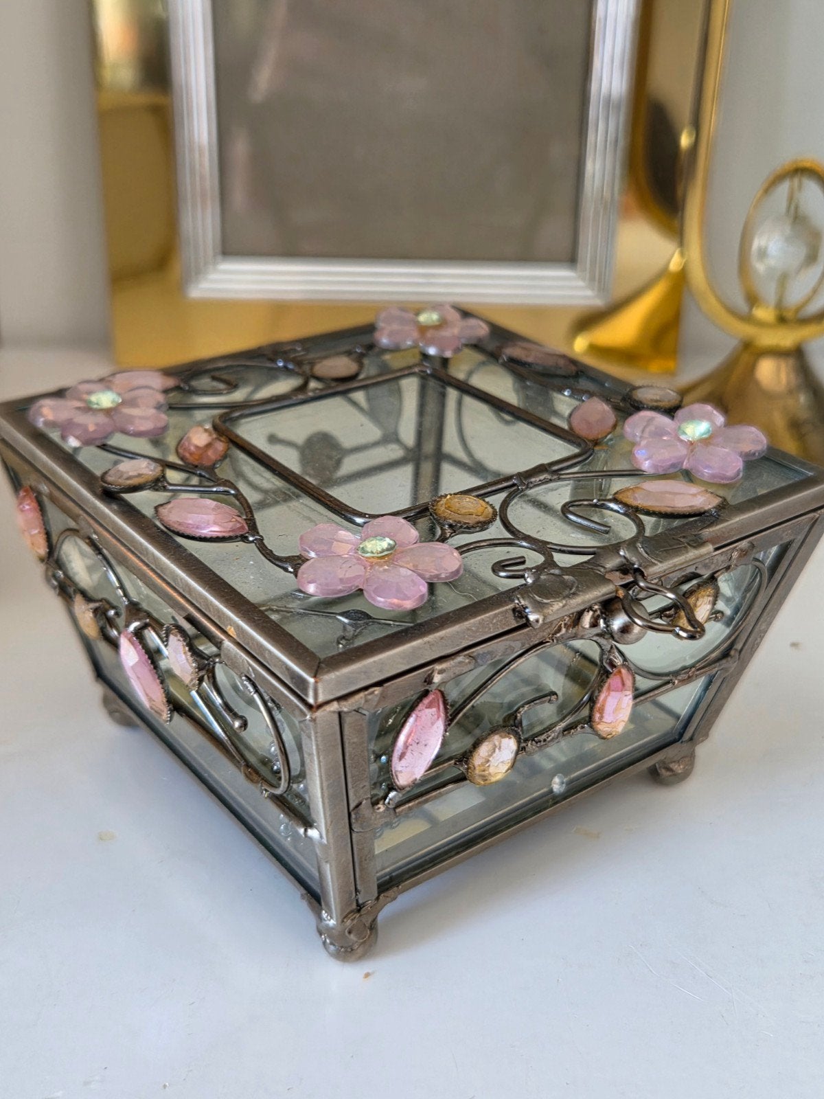 Vintage Sieraden Bakje Glas en Strass - 10x10x6 cm, Antiek en Kunst, Ophalen of Verzenden