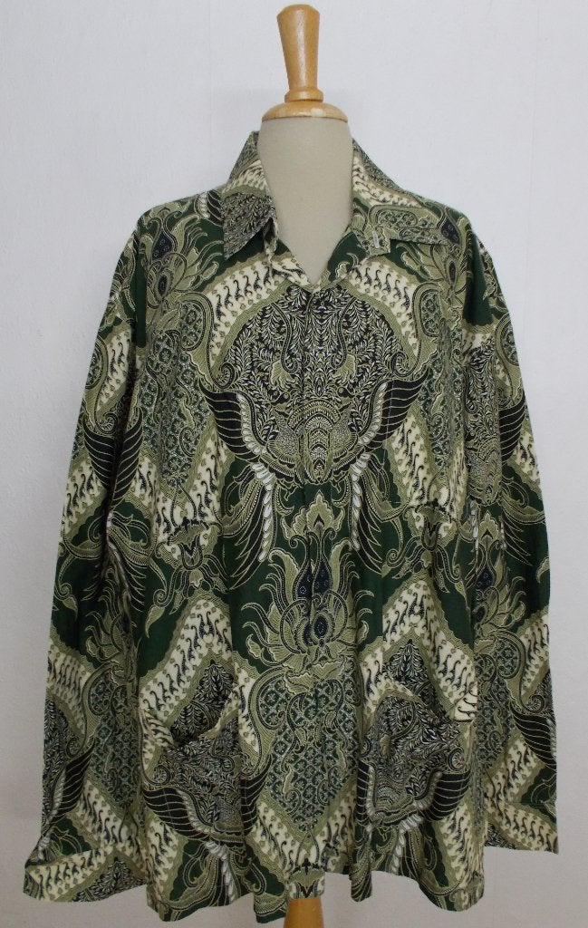 100% katoenen groene batik print blouse uit Indonesia! XL, Verzenden, Zo goed als nieuw, Groen, Halswijdte 43/44 (XL)