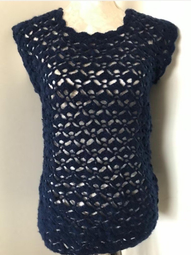 Handgehaakte Donkerblauwe Slip-Over, Ophalen of Verzenden, Zo goed als nieuw, Maat 36 (S), Blauw