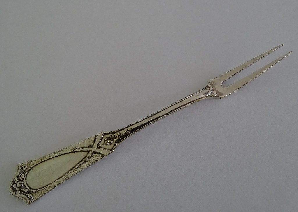 Jugendstil belegvorkje/vleesvork/zuur vork verzilverd antiek, Ophalen of Verzenden